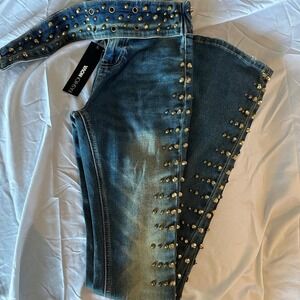Blue studded embellished wide leg jeans